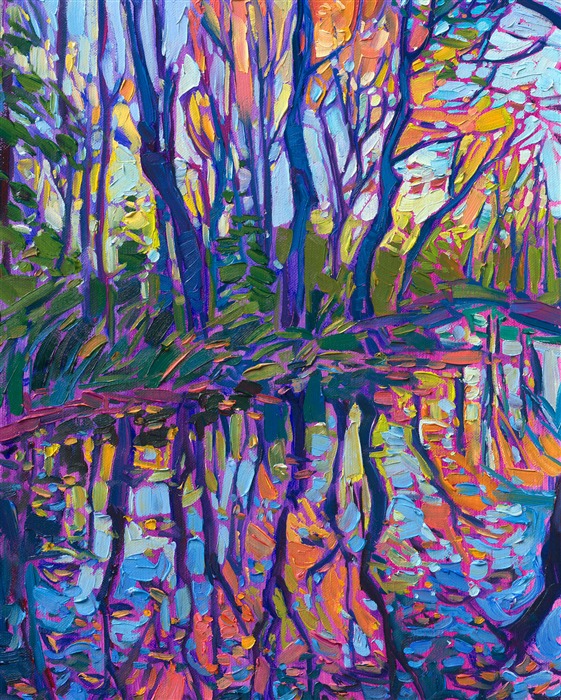 New England fall colors small original oil painting for sale, by American impressionist painter Erin Hanson.