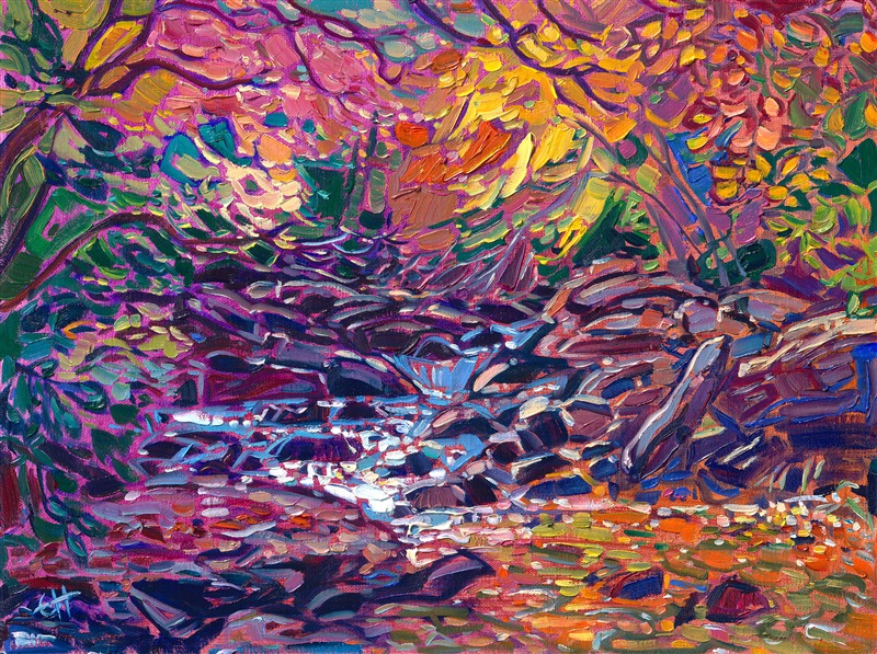 New England Waters oil painting of fall colors over a stream, by American impressionist Erin Hanson