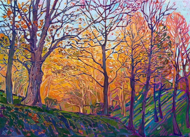 Painting of autumn fall colors in New Hampshire colorful landscape artwork for the wall, for sale at The Erin Hanson Gallery