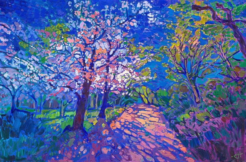 Japan night-illuminated cherry tree blossoms at Osaka Castle original oil painting by American impressionist Erin Hanson.