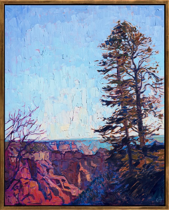 Grand Canyon north rim oil painting in gold floater frame by American impressionist Erin Hanson