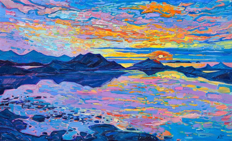 Sunset painting of Norway colorful impressionism landscape by Erin Hanson