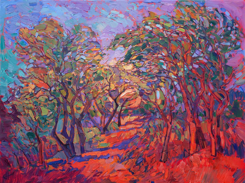 Oaken Dawn, an Open Impressionist oil painting by modern artist Erin Hanson.