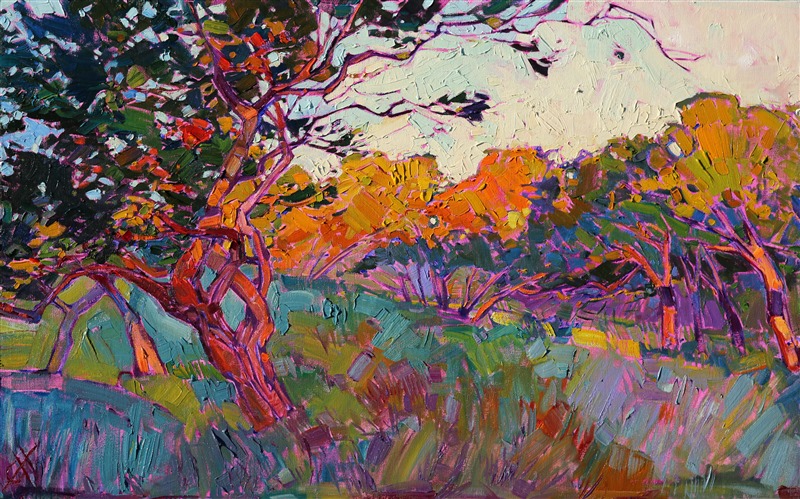 Dramatic oil painting of saturated light, inspired by Paso Robles landscapes, by Erin Hanson