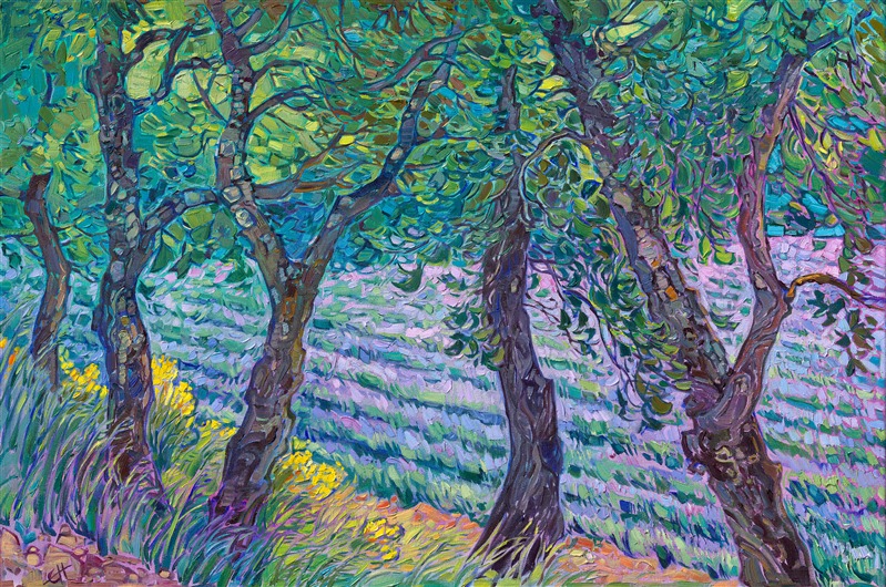 Oil painting of lavender fields in Provence, France, Erin Hanson painting of French fields of lavender.