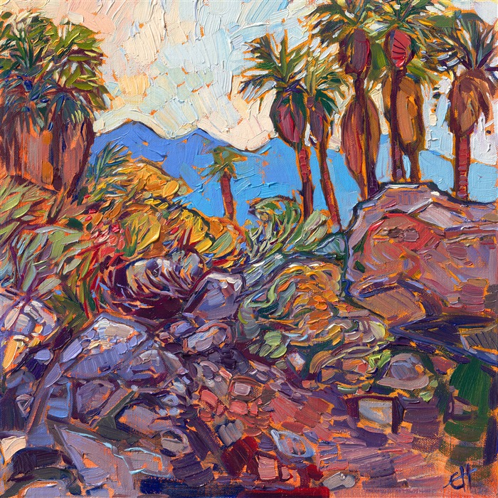 California desert oasis palm tree abstract impressionism landscape painting by Erin Hanson