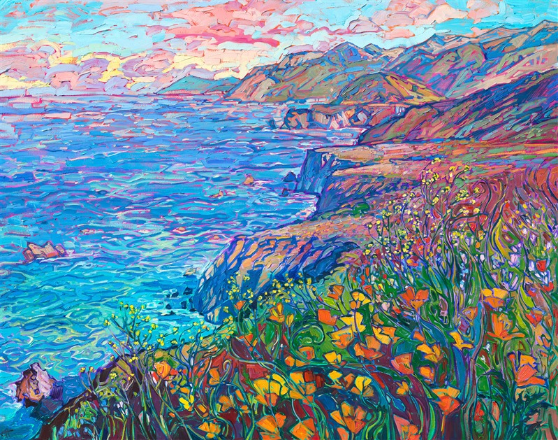 California Highway 1 contemporary impressionism oil painting of wildflowers and coastline, by Erin Hanson