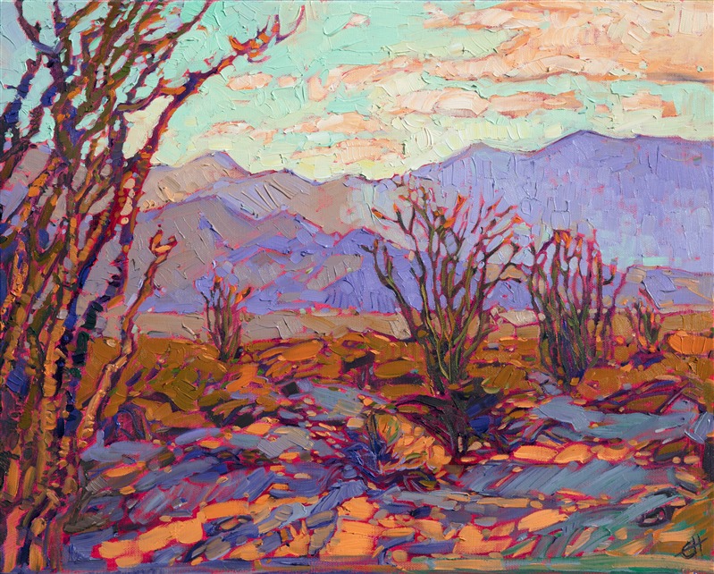 Oil painting of California desert landscape with ocotillos by impressionist artist Erin Hanson  