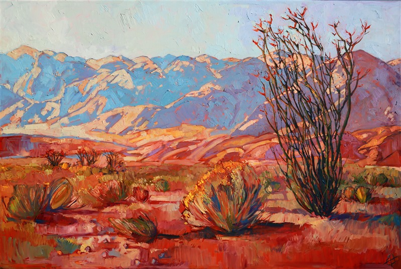 Stunning desert painting in bold color, by master oil painter Erin Hanson