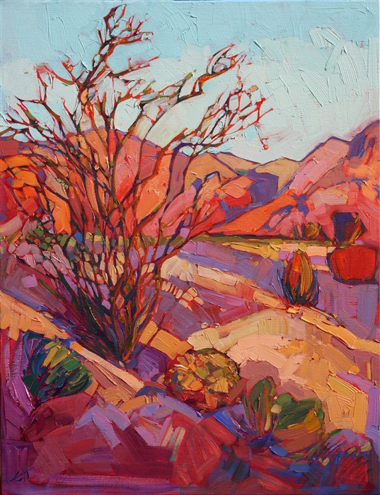 Borrego Springs ocotillo cactus oil painting in abstracted shapes, by Erin Hanson