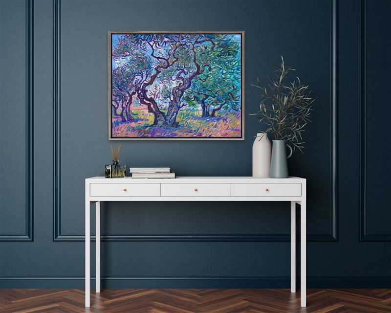 Painting of olive trees in a room.