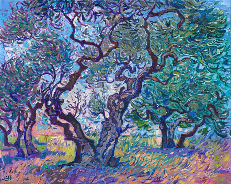 Painting of olive trees by Erin Hanson, expressionist painting inspired by van Gogh of Olive Grove in Arles, France.