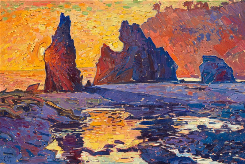 Oil painting of Ruby Beach Washington Olympic National Park beaches, by American impressionist Erin Hanson