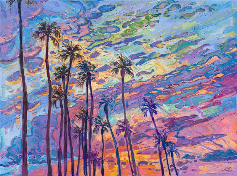 Purchase colorful paintings of sunset skies and palm trees, by American impressionist Erin Hanson. Originals, prints, and 3D Textured Replicas available from The Erin Hanson Gallery..