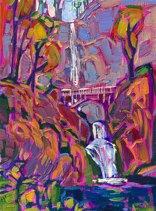 Multnomah Falls, Oregon landscape oil painting on small canvas, by local artist Erin Hanson