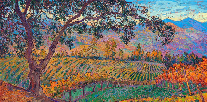 Colorful impressionism painting of Oregon vineyards rolling wine country painting by local artist Erin Hanson