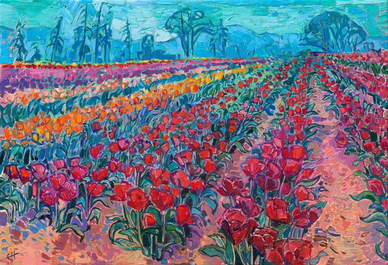 Painting of wooden shoe Woodburn tulip fields, Oregon's tulip field landscape oil painting for sale by local artist Erin Hanson.