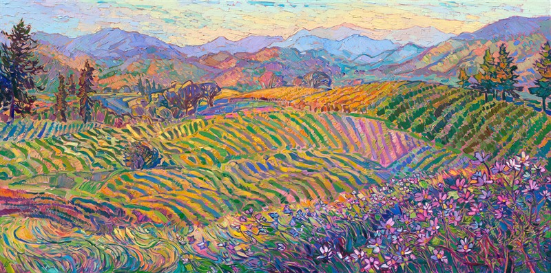 Dundee hills painting of Oregon vineyards by local painter and famous contemporary impressionist Erin Hanson, with a gallery and art studio open to visitors in McMinnville, Oregon.