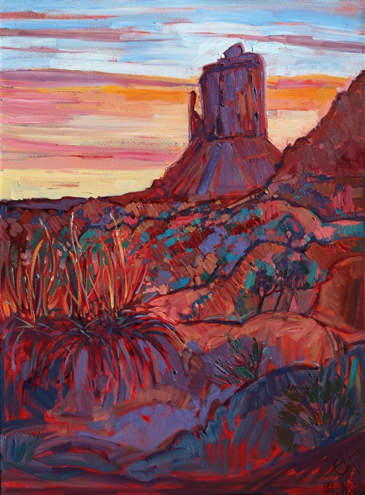 Monument Valley landscape with sunset light casting warm hues over red rocks by impressionist artist Erin Hanson