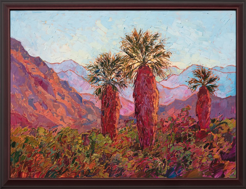 This Erin Hanson painting, Palm Awakening is in a beautiful Mahogany wood frame.