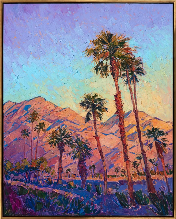 Oil painting of California desert palm trees by modern impressionist artist Erin Hanson framed in a gold floater frame  