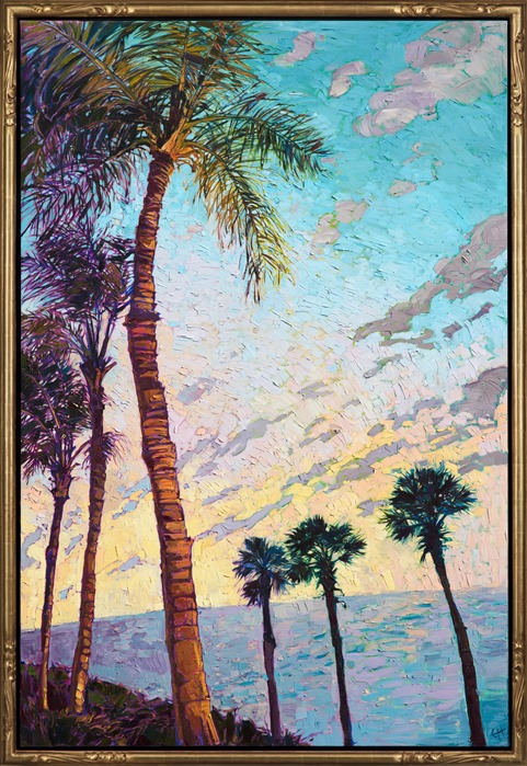 Oil painting of coastal palm tree scenery framed in gold Open Impressionism frame, painted by contemporary artist Erin Hanson