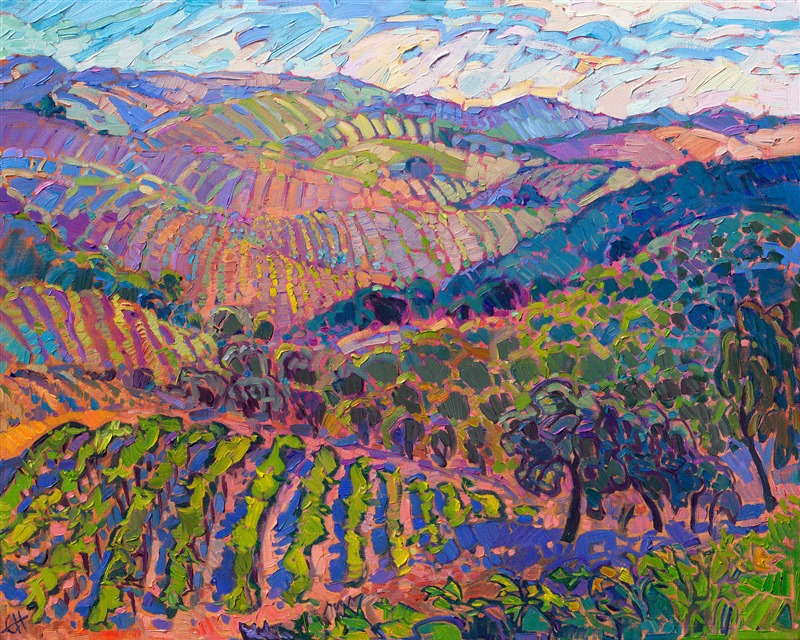 Painting of Paso Robles vines California wine country vineyard artwork in a contemporary, colorful impressionist style available for purchase in original oil painting, 3D Textured Replica, or canvas prints, by Erin Hanson