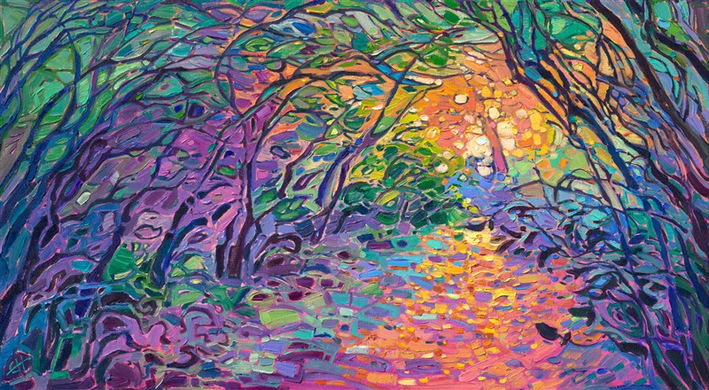 Painting of path of trees by American expressionist landscape painter Erin Hanson, creator of Open Impressionism.