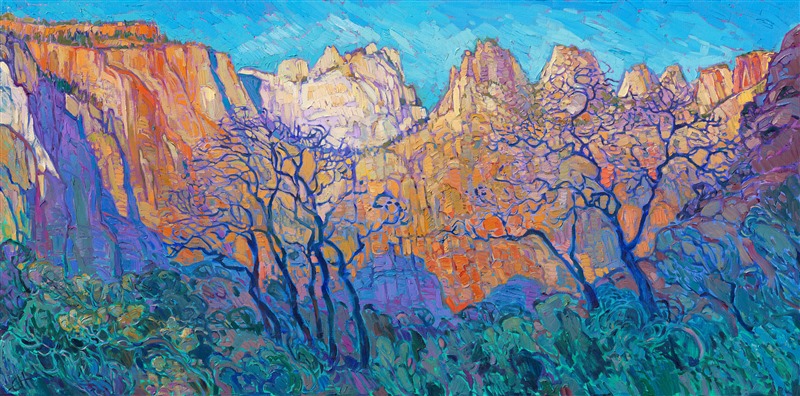 Oil painting of the patriarchs at Zion national park, painting of the pa&amp;amp;amp;amp;amp;amp;amp;amp;amp;#39;rus trail in zion, by American impresisonist Erin Hanson.