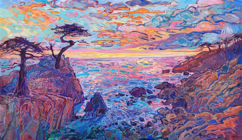 Painting of Lone Cypress Carmel 17 Mile Drive in Pebble Beach, by colorful impressionist Erin Hanson