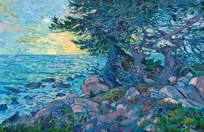 Pebble Beach oil painting of Monterey Peninsula by modern impressionist painter Erin Hanson