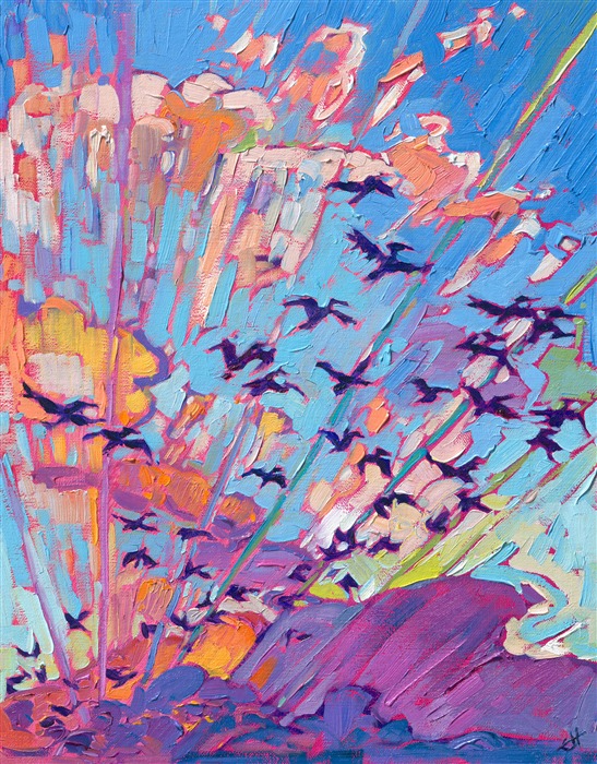 Oregon coast sunset oil painting with pelicans flying by Erin Hanson