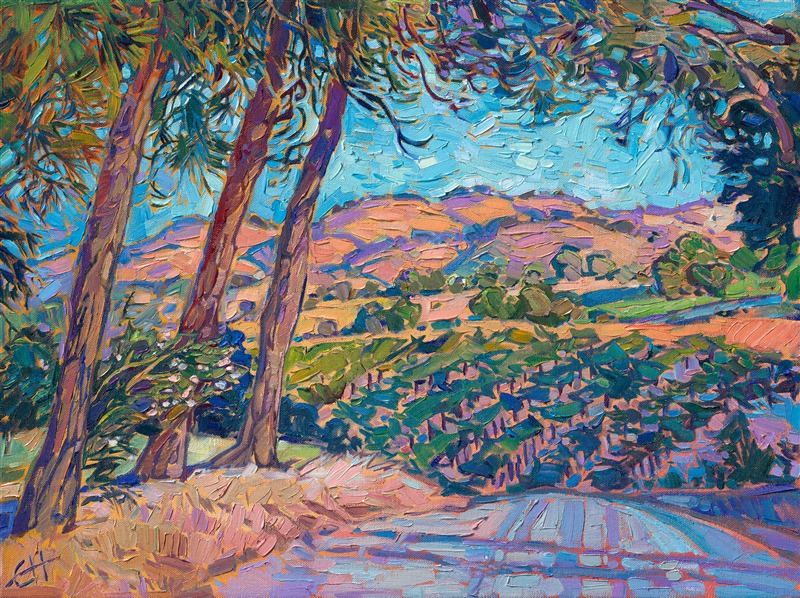 Painting of Paso Robles vineyards, landscape oil painting for sale in a modern contemporary impressionism style, by Erin Hanson