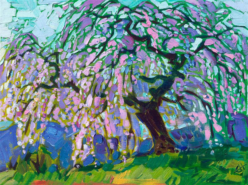 Painting of weeping cherry tree from Japan, original impressionim oil painting for sale by Erin Hanson