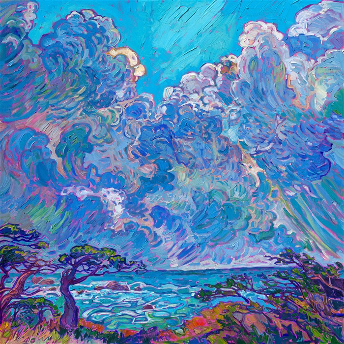 Painting of Point Lobos State Park near Carmel and Monterey--cypress tree artwork by colorful modern impressionist Erin Hanson.