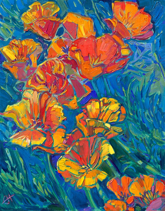 California poppies original oil painting on linen board, by American impressionist Erin Hanson