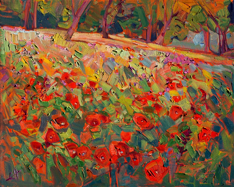 Poppies abstract landscape oil painting by modern impressionist Erin Hanson