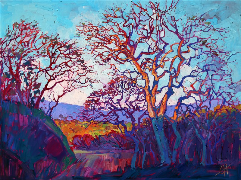 Prismatic color and thick brush strokes communicate California wine country, painting by Erin Hanson