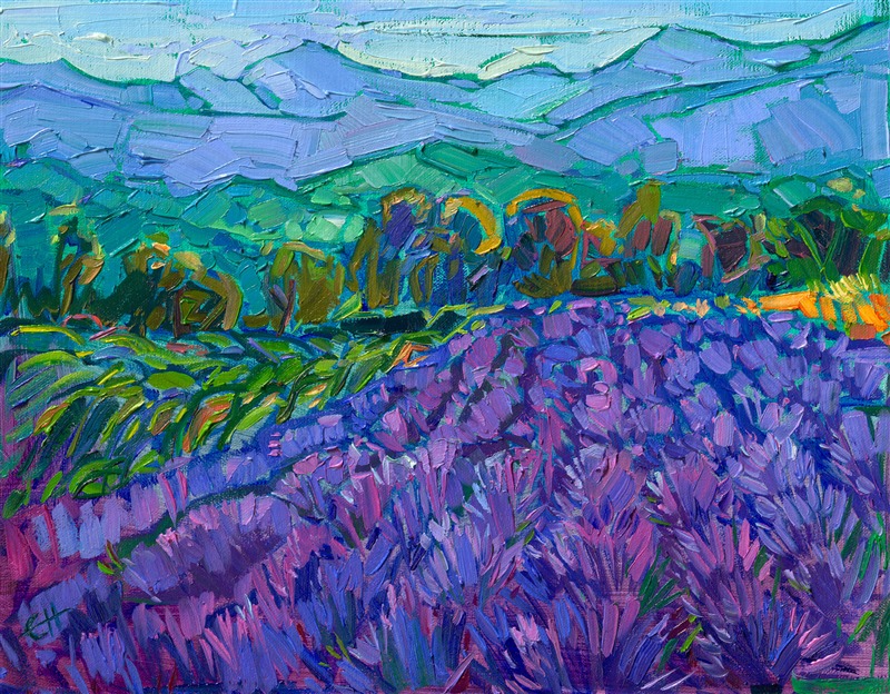 Painting of Provence France lavender fields and blue mountains, by American impressionist Erin Hanson