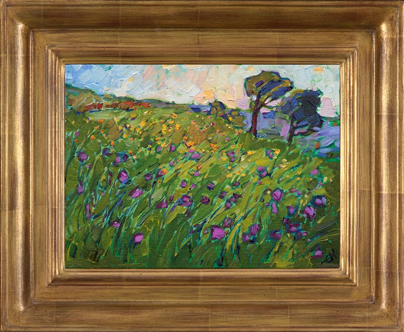 Purple landscape painting of Texas Hill country framed in a hand carved gold frame by impressionist artist Erin Hanson