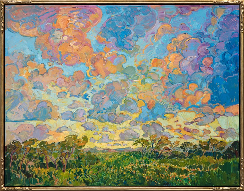 This Erin Hanson painting, Radiant Clouds is in a beautiful hand carved gold frame.