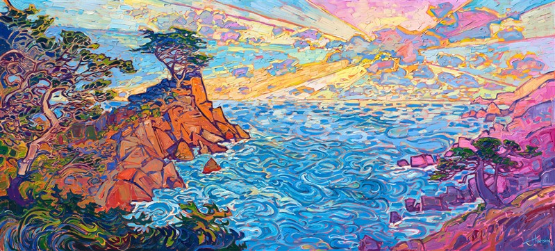Sunset clouds at Lone Cypress on 17 Mile Drive, in Pebble Beach, California. Original oil painting by modern impressionist Erin Hanson. Sunset clouds at Lone Cypress on 17 Mile Drive, in Pebble Beach, California. Original oil painting by modern impressionist Erin Hanson.