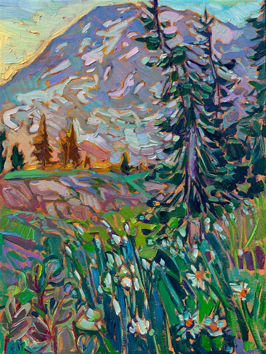 Painting of Mt Rainier by northwestern impressionist painter Erin Hanson. Prints and original oil paintings for sale at The Erin Hanson Art Gallery in McMinnville, Oregon.