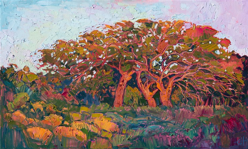 California oaks painted in bold color by oil painter Erin Hanson