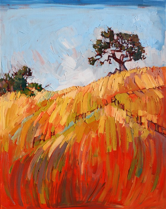 Golden California hills are painted in oils by colorist Erin Hanson