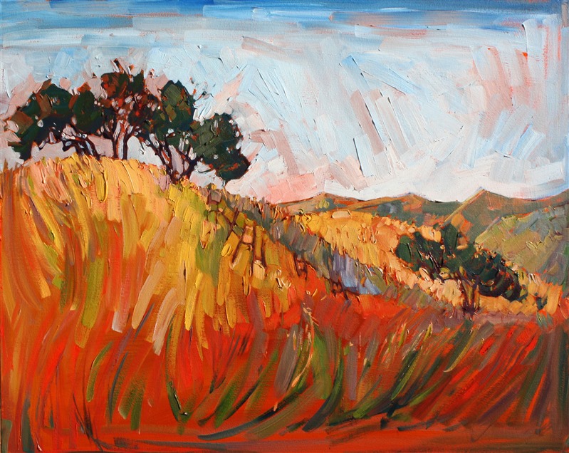 Red and gold summer hills painted in vibrant color by oil painter Erin Hanson