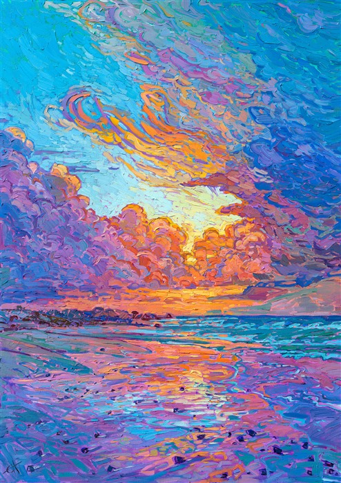 Impressionism painting with bright colors, painting of Monterey on the California coast, by artist Erin Hanson