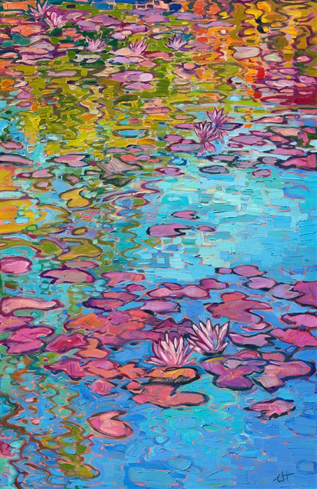 Painting of water lily reflections, by American impressionist Erin Hanson