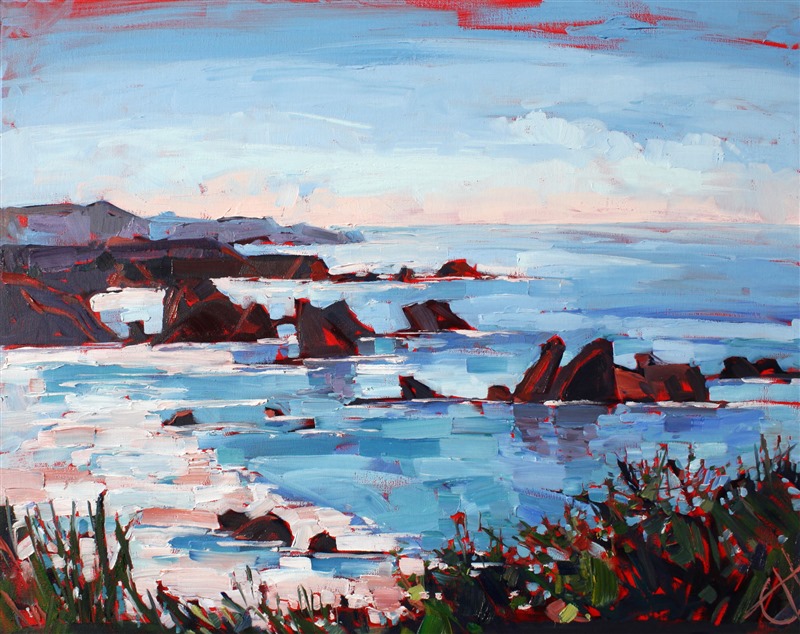 Rocky California coast oil painting by Erin Hanson