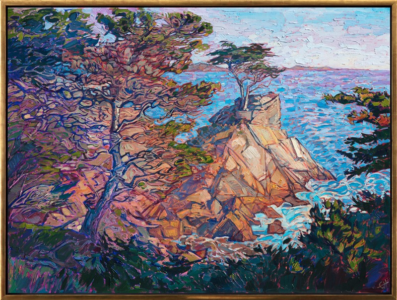 Oil painting of coastal cypress scene by Erin Hanson framed in a gold floater frame